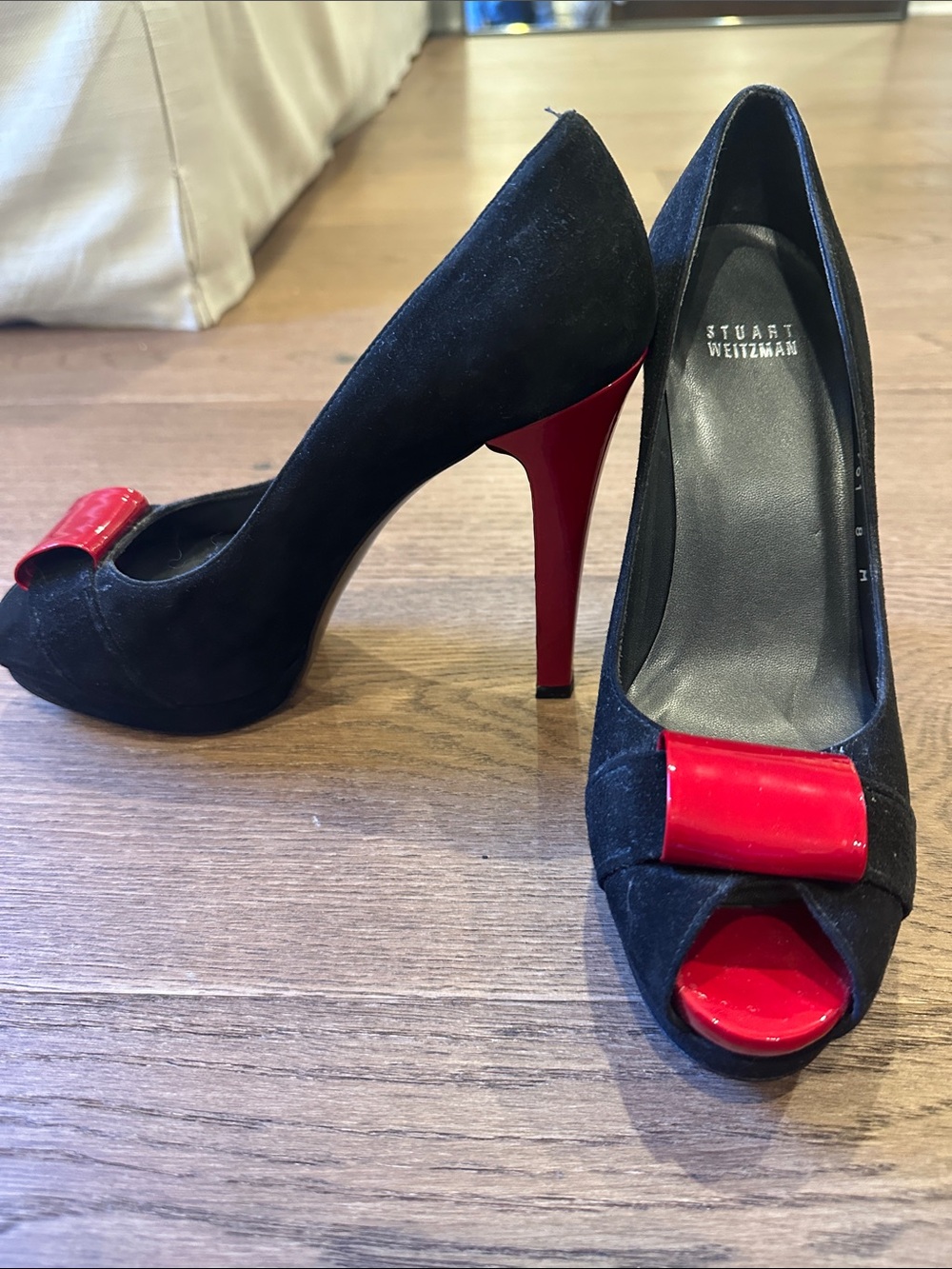 Stuart Weitzman Black Suede Peep-Toe Pumps with Red Accents